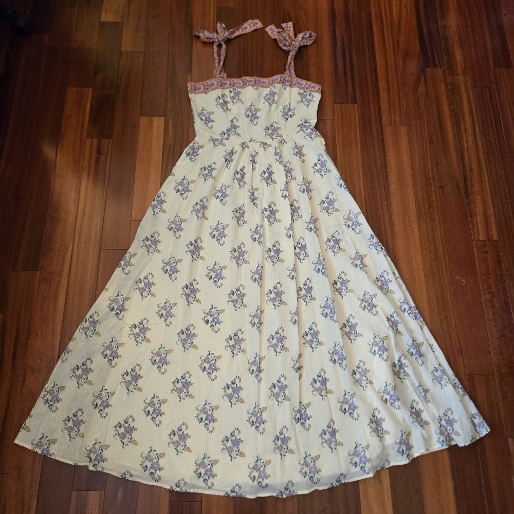 Bila Cream and Purple Floral Women's L Dress w/Bow Straps Fairycore Boho Cottage